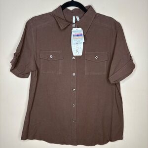 NEW White Stag Women Sz M Brown Textured Short Sleeve Button Up Shirt